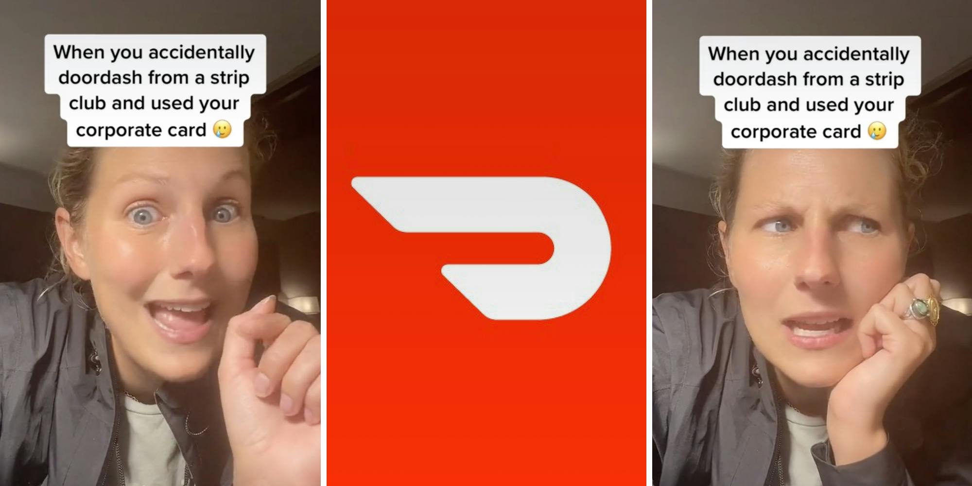 blonde woman happily yelling (l) doordash logo (c) blonde woman looking confused (r)