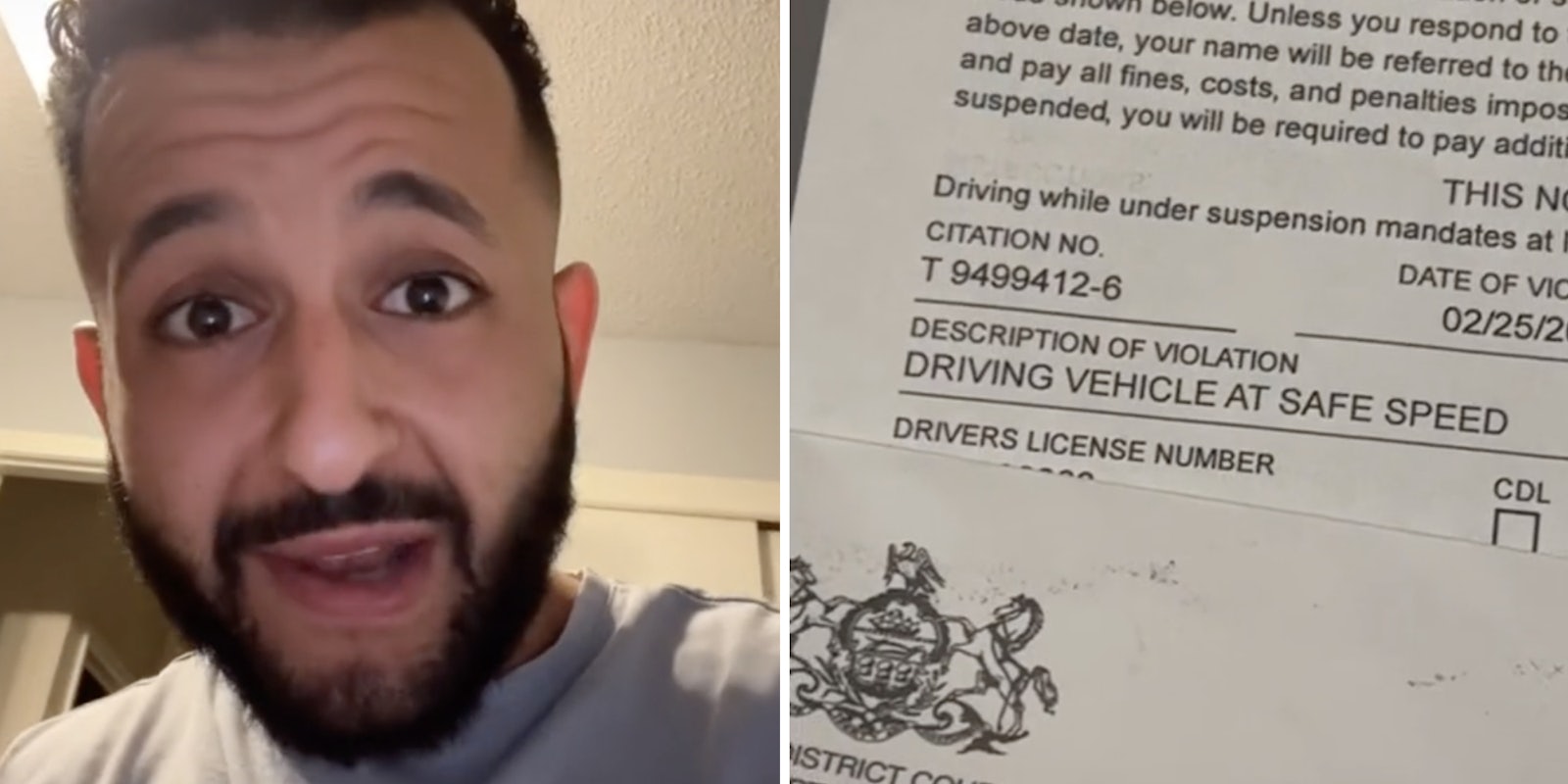 shocked man (l) driving ticket (r)