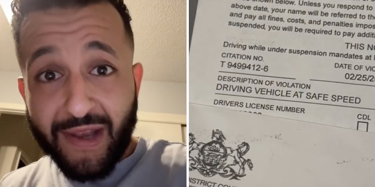 shocked man (l) driving ticket (r)