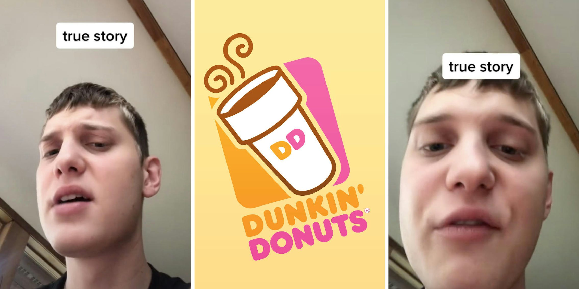 man in room looking sad (l) dunkin donuts logo (c) puzzled man (r)