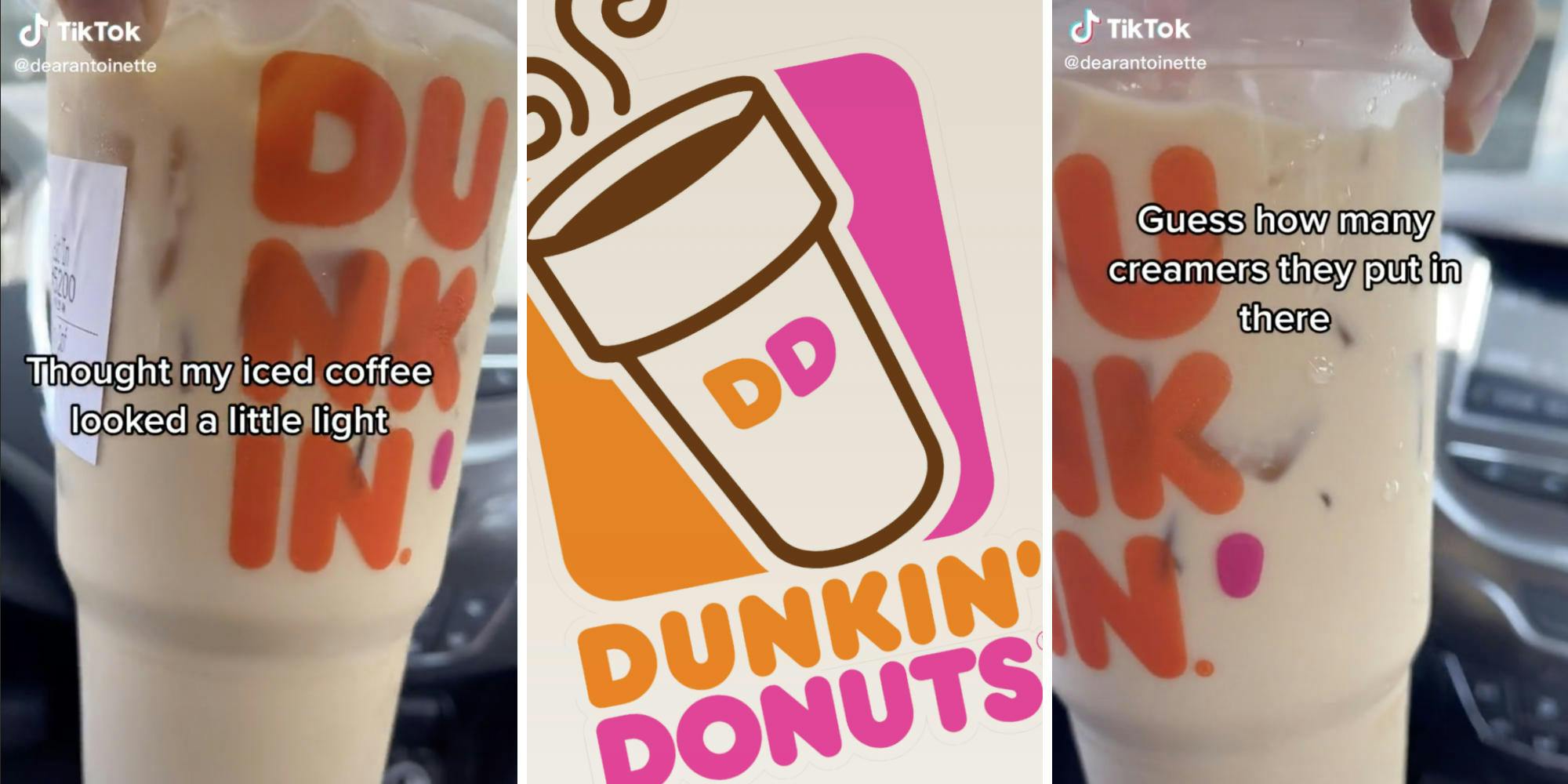 plastic cup of iced coffee (l) (r) dunkin donuts logo (c)