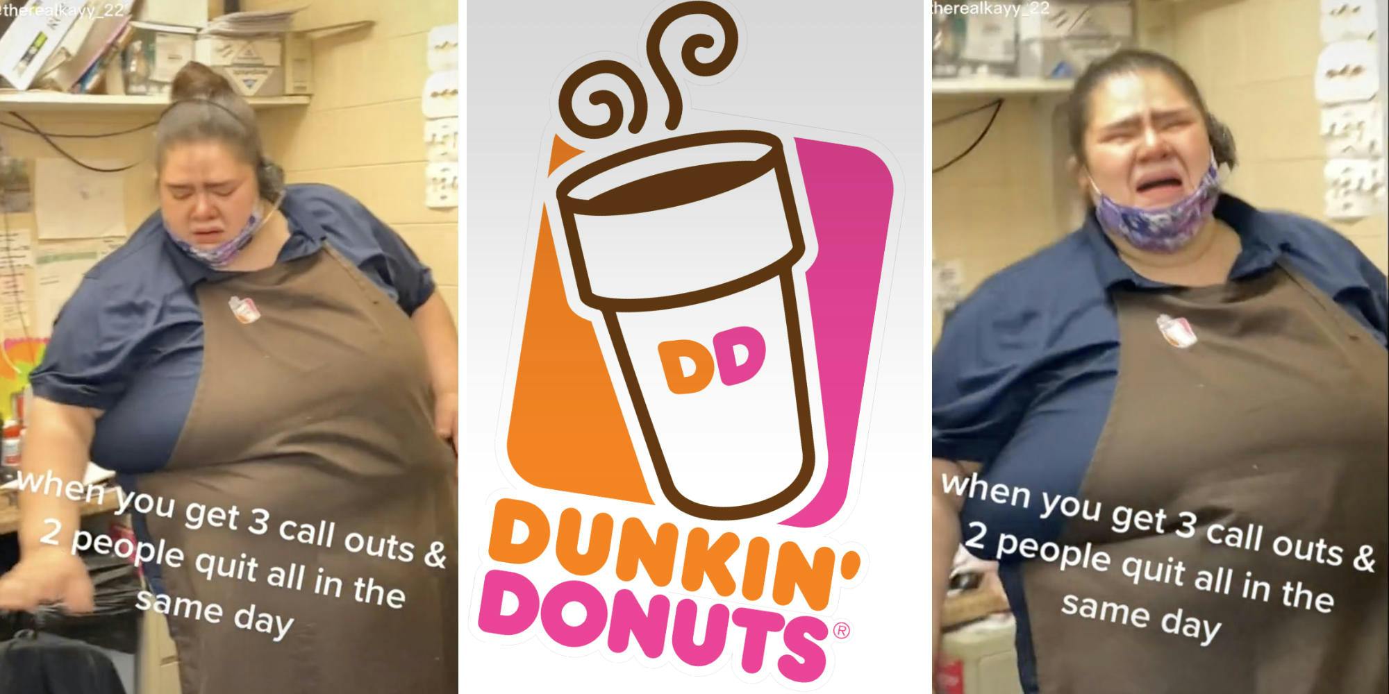 sad woman in apron leaning on chair (l) dunkin donuts logo (c) woman sobbing (r)