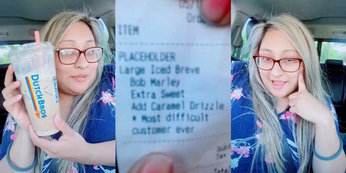 young woman in car holding 'Dutch Bros' cup (l) receipt that has 'Most difficult customer ever' note (c) young woman in car (r)