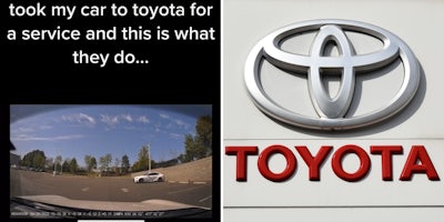 car camera footage showing parking lot caption 'took my car to toyota for a service and this is what they do...' (l) toyota logo with red toyota sign on white background (r)
