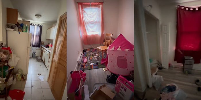 kitchen with a few things on floor (l) children's play room racecar carpet pink tent (c) bedroom with closet doors open bags on floor (r)