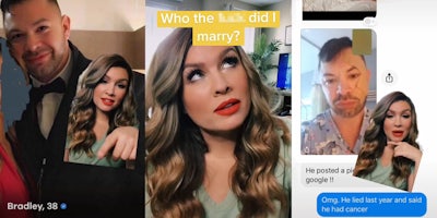 Woman greenscreen tiktok over ex husband dating profile pointing to the name (l) Woman looking up to caption 'who the blank did I marry?' (c) woman greenscreen tiktok over text messages man with bandages and eor hospital gown on in sent photo caption 'He posted a picture from google!!' 'Omg. He lied last year and said he had cancer.' (r)
