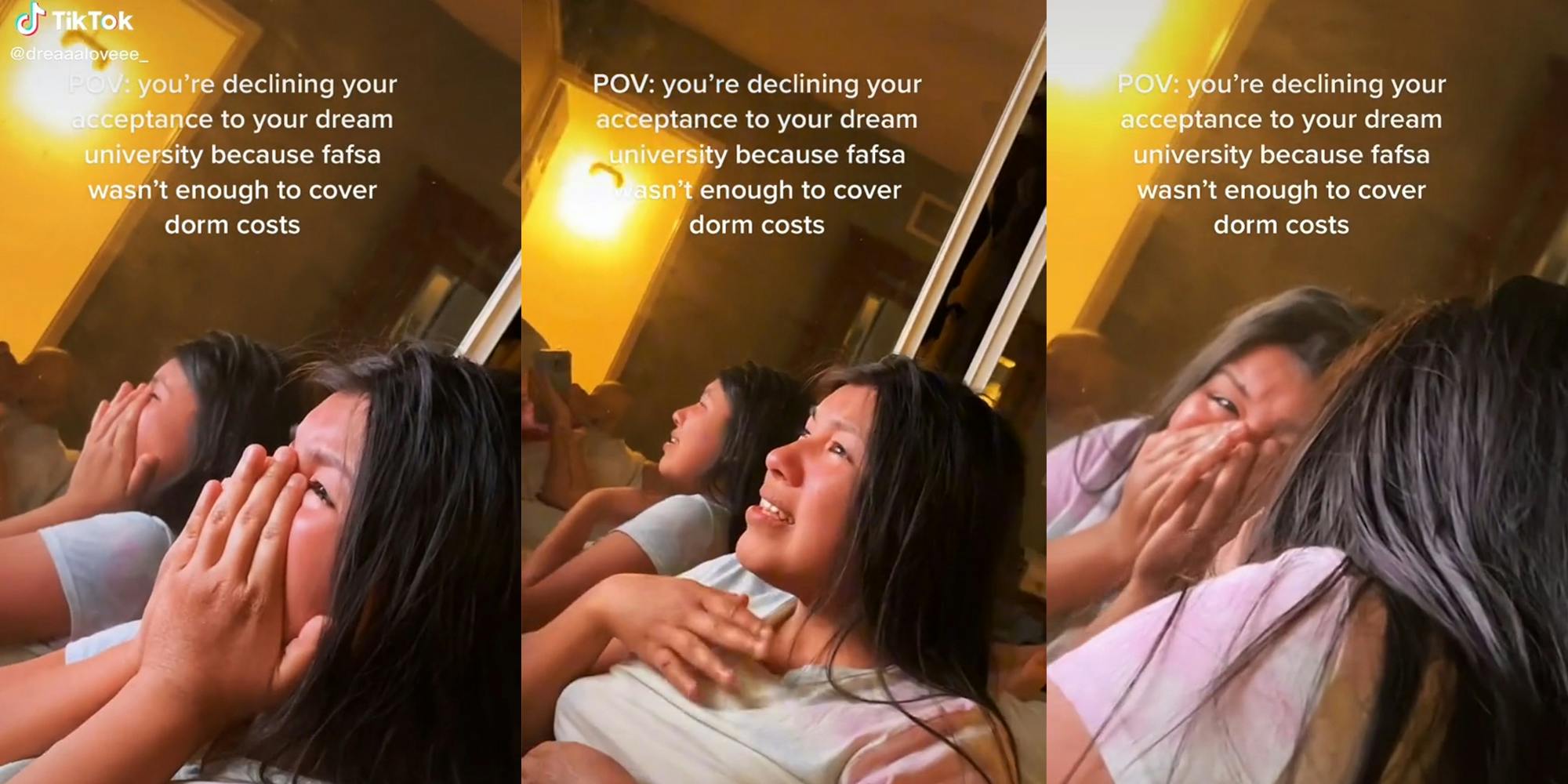 young woman crying with caption "POV: you're declining your acceptance to your dream university because fafsa wasn't enough to cover dorm costs"