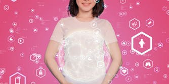Female with arms around sphere of different icons floating around female healthcare related with pink background