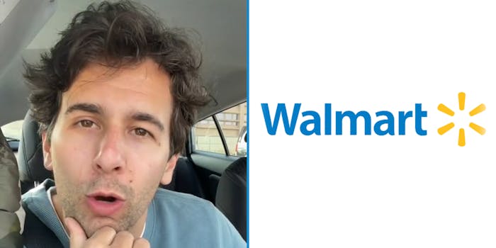 Man talking in car hand on chin (l) Walmart logo on white background (r)