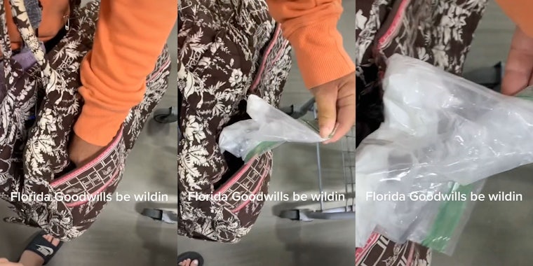 woman reaching hand into goodwill bag caption 'Florida Goodwills be wildin' (l) woman hand pulling out sandwich baggie with white substance in it from goodwill bag (c) sandwich baggie full of white substance up close in womans hands (r)