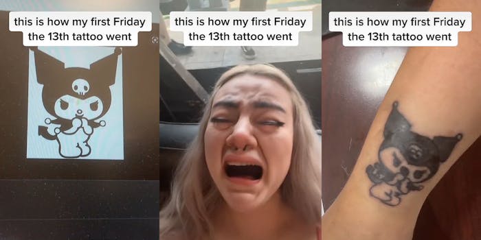 laptop screen with simple character on screen caption "this is how my first Friday the 13th tattoo went" (l) woman open mouth crying caption "this is how my first Friday the 13th tattoo went" (c) woman's arm with tattoo caption "this is how my first Friday the 13th tattoo went" (r)