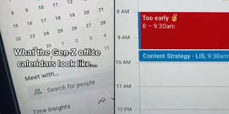 Laptop screen with calendar caption "What Gen-Z office calendars look like..." (l) laptop screen with morning timeline at 8 AM caption "Too early (peace sign emoji) 8-9:30am Content Strategy - LIS, 9:30am" (r)