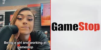woman worker at gamestop caption "Being a girl and working at gamestop" (l) GameStop logo red and black on white background (r)