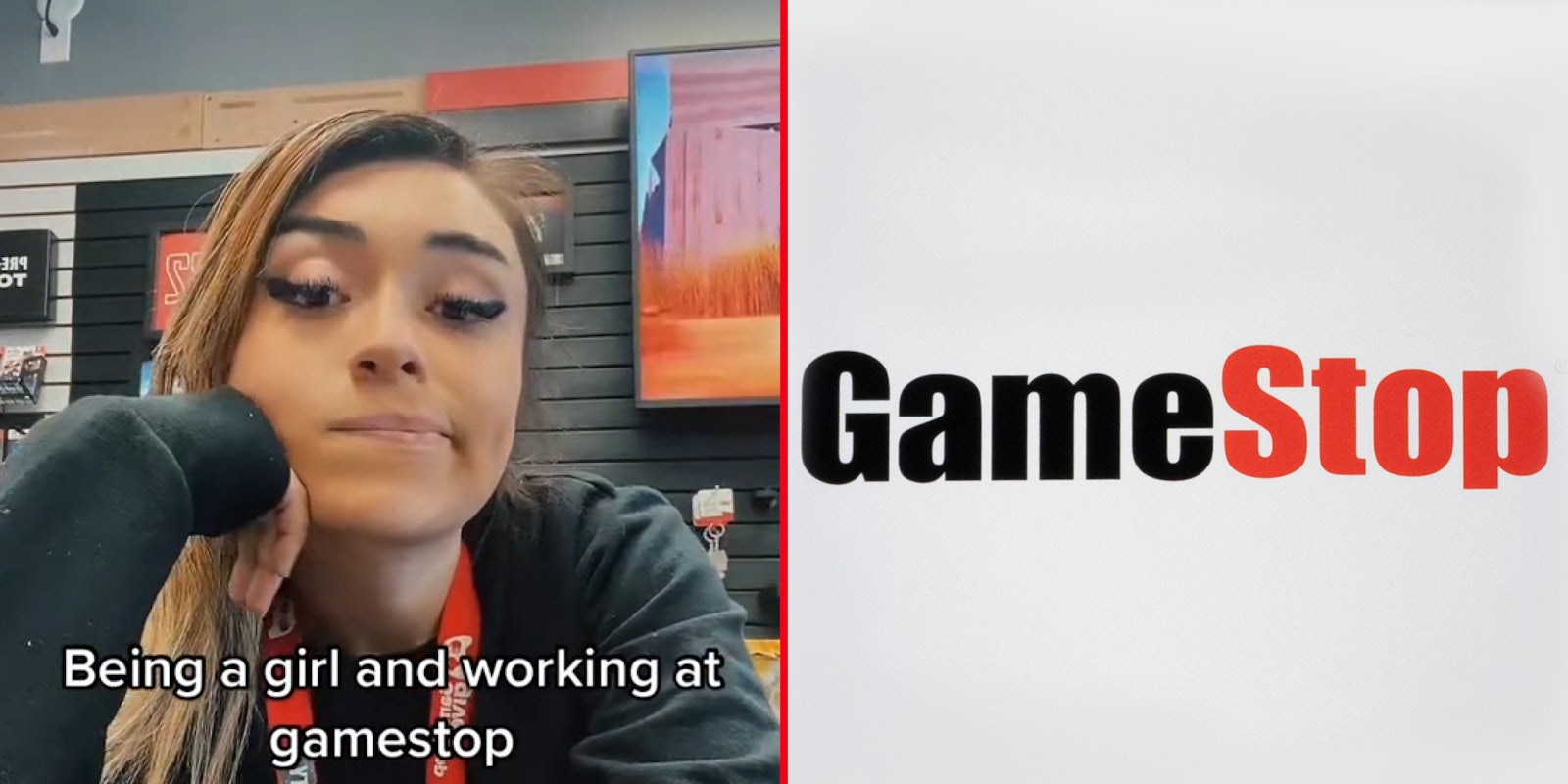 woman worker at gamestop caption 'Being a girl and working at gamestop' (l) GameStop logo red and black on white background (r)