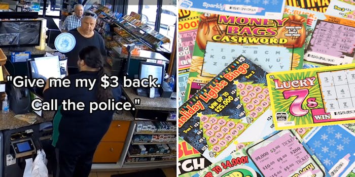 Gas station cashier and customer arguing caption ""Give me my $3 back. Call the police."" (l) cheap lottery tickets scattered (r)