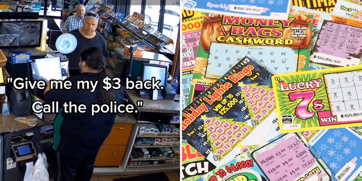 Gas station cashier and customer arguing caption ''Give me my $3 back. Call the police.'' (l) cheap lottery tickets scattered (r)