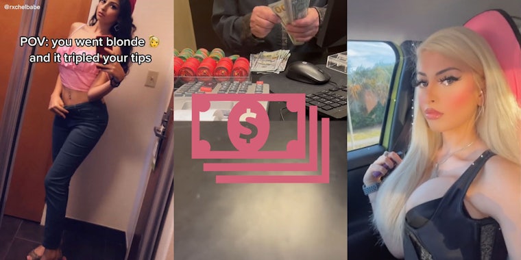 woman posing in mirror selfie brunette caption 'POV: you went blonde and it tripled your tips' (l) man at cash register counter counting money with pink money symbol centered (c) woman in car blonde hair (r)