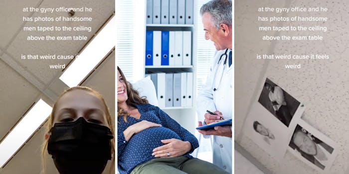 woman in mask showing office ceiling (l) stock photo of woman being treated by doctor (c) woman showing ceiling that has photos of men stuck to it (r)
