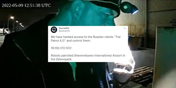 robot footage of man with head flashlight on talking tweet by CaucasNet centered caption "We have hacked access to the Russian robots "Trial Patrol 4.0" and control them: 18.192.172.107/ Robots patrolled Sheremetyevo International Airport in the Zelenopark."