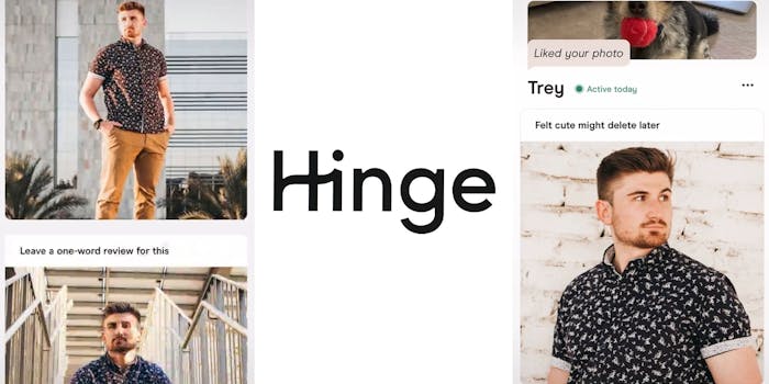 Man hinge profile 2 photos in the same shirt caption "Leave a one-word review for this" (l) Hinge app logo on white background (c) Trey dating profile with the same shirt in another photo caption "Felt cute might delete later" (r)