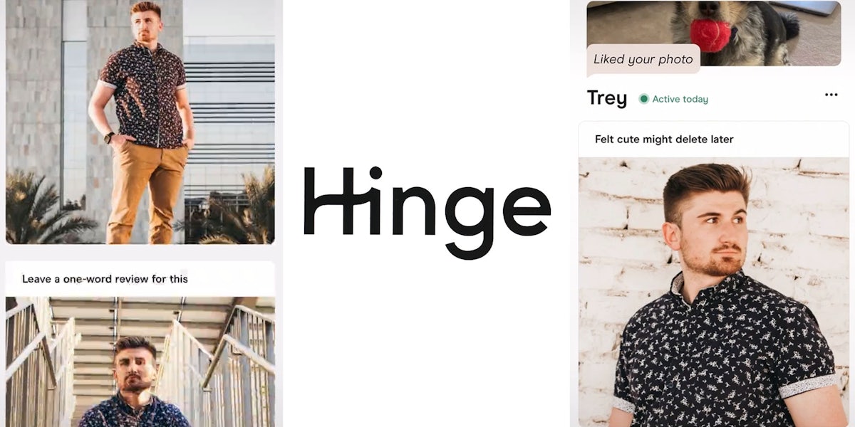 Man hinge profile 2 photos in the same shirt caption 'Leave a one-word review for this' (l) Hinge app logo on white background (c) Trey dating profile with the same shirt in another photo caption 'Felt cute might delete later' (r)