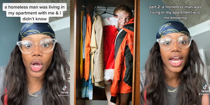 woman speaking caption "a homeless man was living in my apartment with me & i didn't know" (l) man in closet poking head out (c) woman speaking caption "part:2 a homeless man was living in my apartment w/o me knowing" (r)