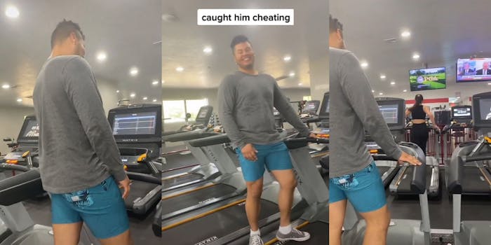Man at gym on treadmill (l) man on treadmill at gym many empty ones around him caption "caught him cheating" (c) man on treadmill at gym right behind woman on other treadmill (r)