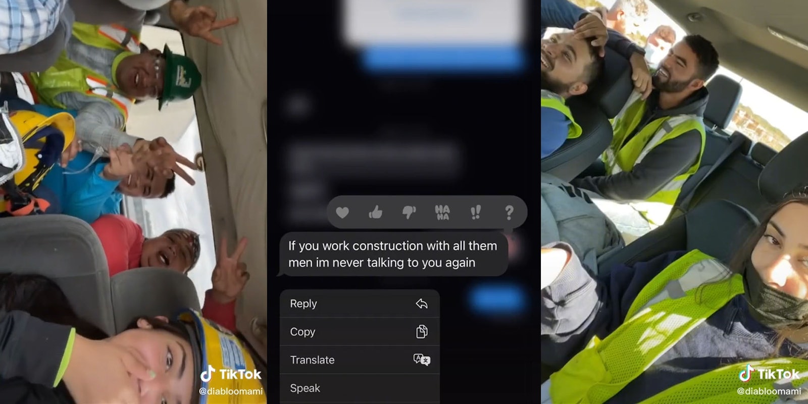 women with coworkers in car wearing construction uniforms (l) text messages 'If you work construction with all them men im never talking to you again' (c) woman in ca with coworkers in construction uniforms (r)
