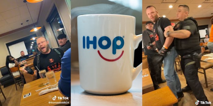man in leather gloves and vest sitting at table yelling (l) ihop mug (c) armed security guard grabs man in vest from behind (r)