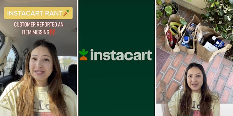 woman talking in her car (l) (instacart logo (m) woman pointing at groceries (r)