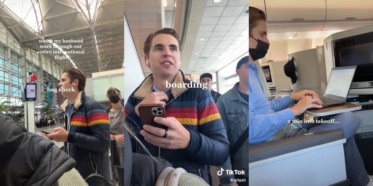 man on phone in airport with caption 'watch my husband work through our entire international flight / bag check' (l) man in line holding phone with caption 'boarding' (c) man typing on airplane with caption '2 min into takeoff...' (r)