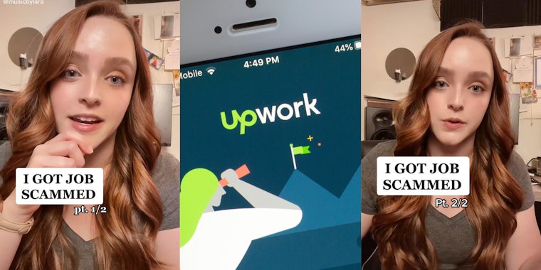 young woman with 'I got job scammed' caption (l&r) upwork logo on phone (c)