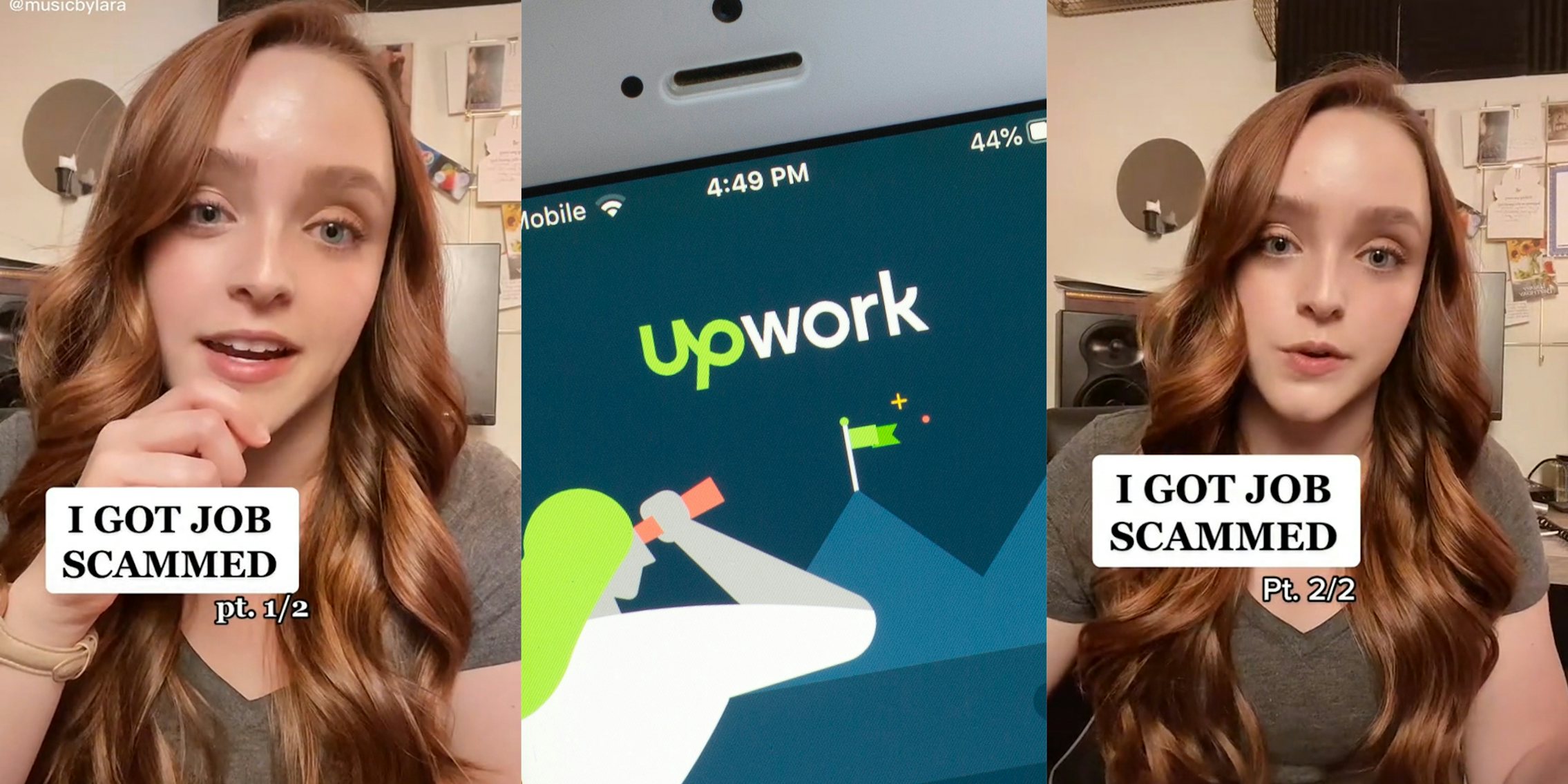 young woman with 'I got job scammed' caption (l&r) upwork logo on phone (c)