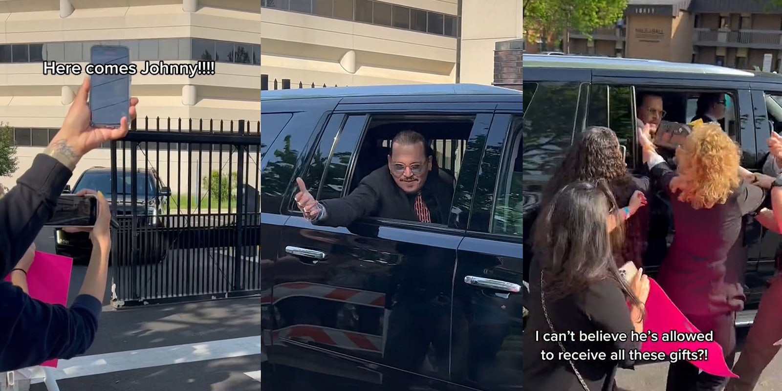 Women waiting at gate for Johnny Depp as he is pulling up in a black car caption 'Here comes Johnny!!!!' (l) Johnny holding hand out of car window smiling (c) fans up at the window of car shoving gifts into the window caption 'I can't believe he's allowed to receive all these gifts?!' (r)