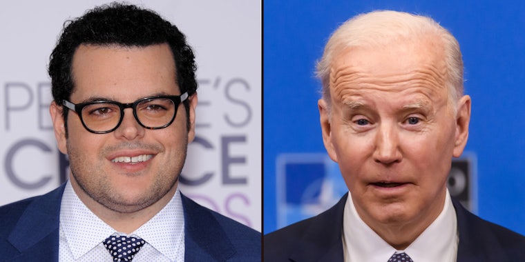 Josh Gad in suit with white background (l) Joe Biden in suit with blue background (r)
