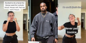 Woman standing with hands in fighting position caption "Excited to do a facial for Kanye West for a photo shoot, house call, had me wait 3 hours." (l) Kanye West walking (c) Woman swinging fists caption "No credit (that's fine) Never paid Invoice" (r)