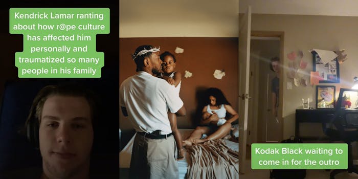 man with headphones on caption "Kendrick Lamar ranting about how r@pe culture has affected him personally and traumatized so many people in his family" (l) Kendrick Lamar N95 album cover man holding baby woman sitting on bed holding baby (c) Man in doorway caption "Kodak Black waiting to come in for the outro" (r)