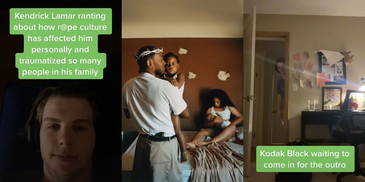 man with headphones on caption 'Kendrick Lamar ranting about how r@pe culture has affected him personally and traumatized so many people in his family' (l) Kendrick Lamar N95 album cover man holding baby woman sitting on bed holding baby (c) Man in doorway caption 'Kodak Black waiting to come in for the outro' (r)