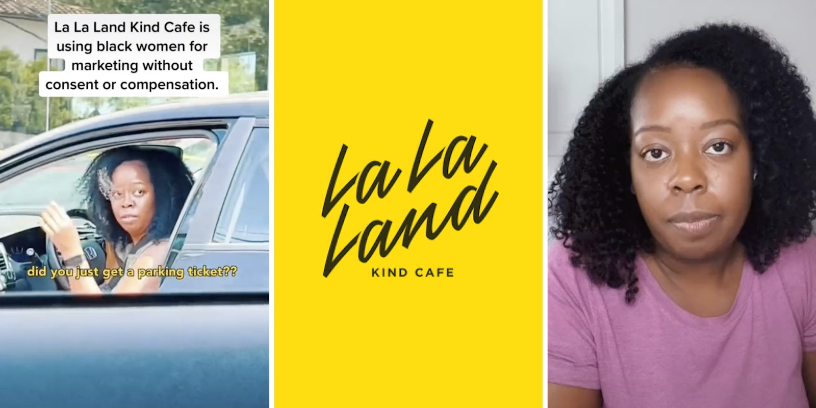 black woman looking out window of car (l) lala land cafe logo (c) black woman staring into camera (r)