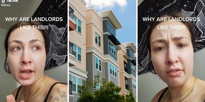 brunette woman talking in a room (l) apartment buildings (c) woman looking confused (r)