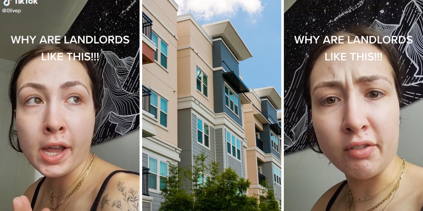 brunette woman talking in a room (l) apartment buildings (c) woman looking confused (r)