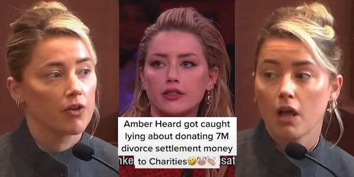 Amber Heard looking right open mouth (l) Amber Heard talking caption "Amber Heard got caught lying about donating 7M divorce settlement money to Charities laughing clown hand emojis*" (c) Amber Heard open mouth talking looking left (r)