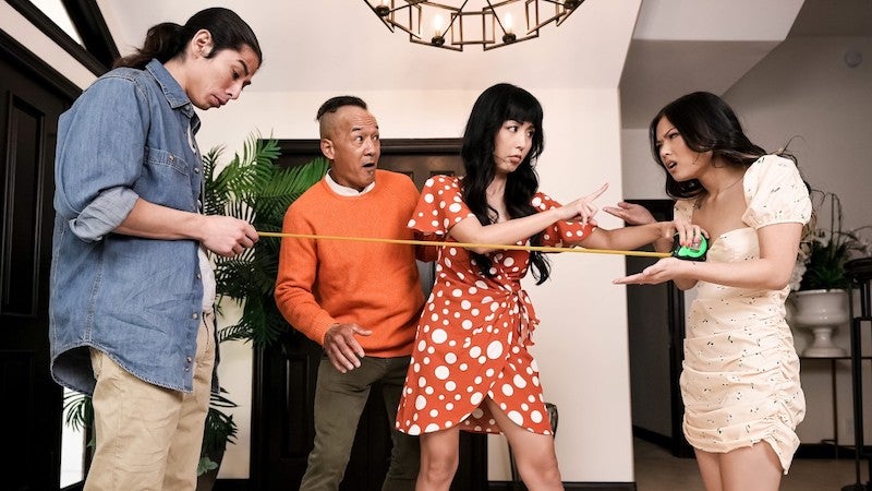 Stepsister and stepbrother fighting in front of step mom and dad
