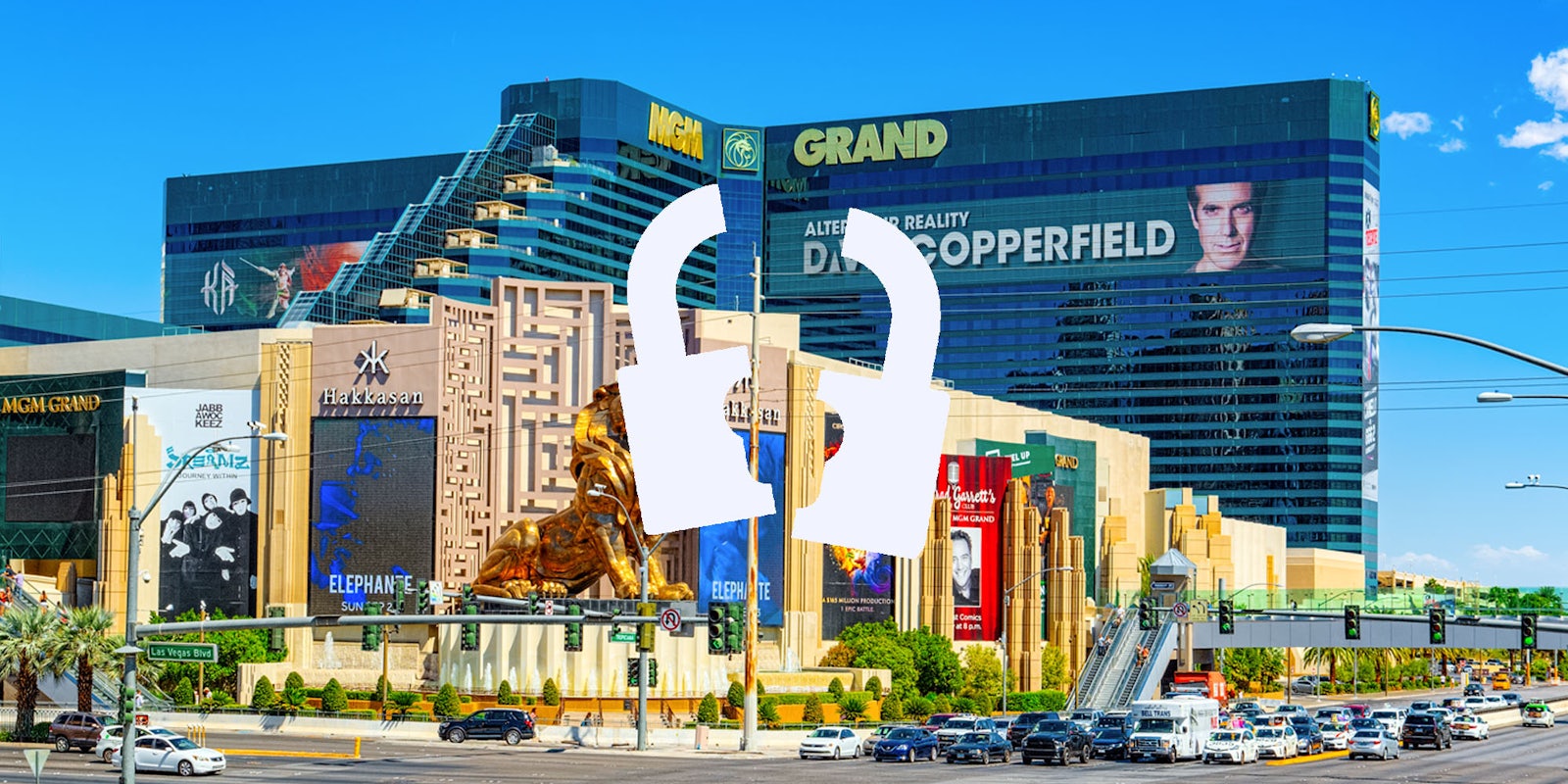 MGM Grand building with white broken lock centered