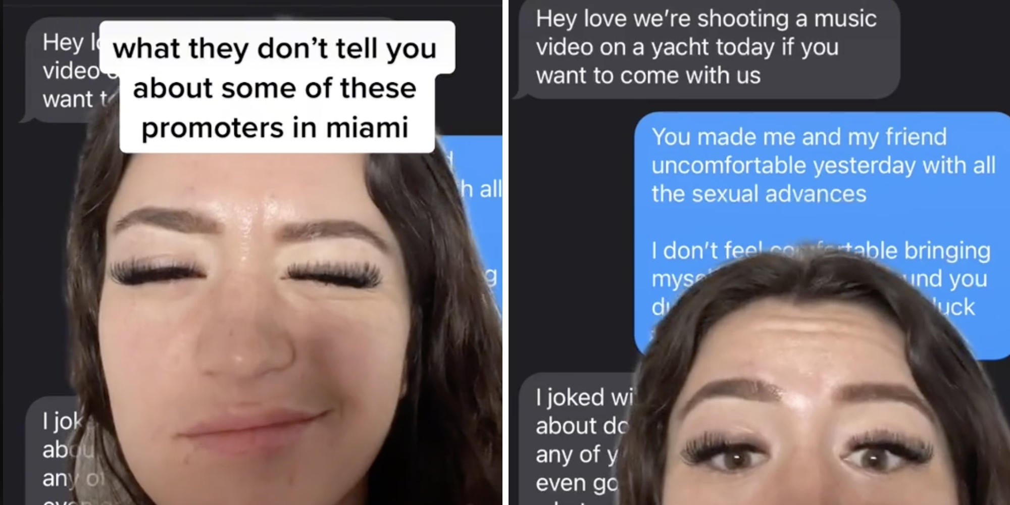 woman squinting in front of smartphone text (l) woman looking shocked (r)