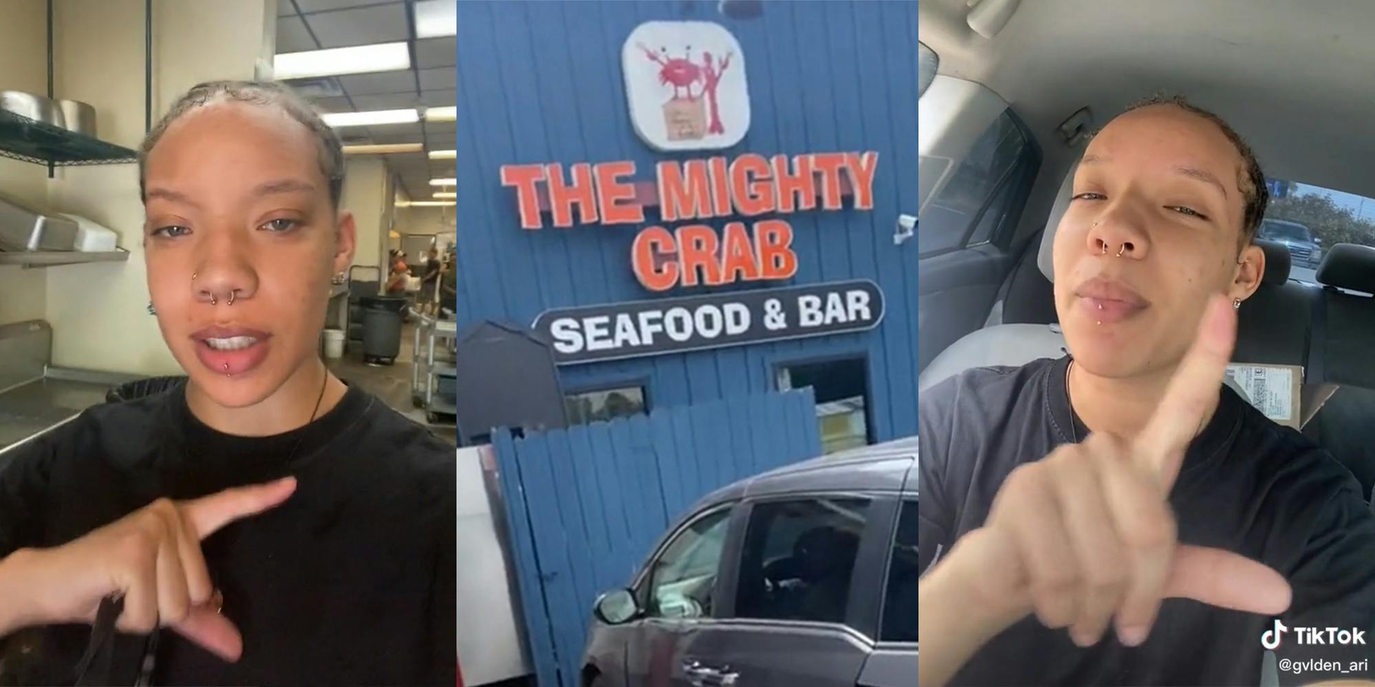 young woman in restaurant (l) "The Mighty Crab Seafood & Bar" sign (c) young woman in car (r)