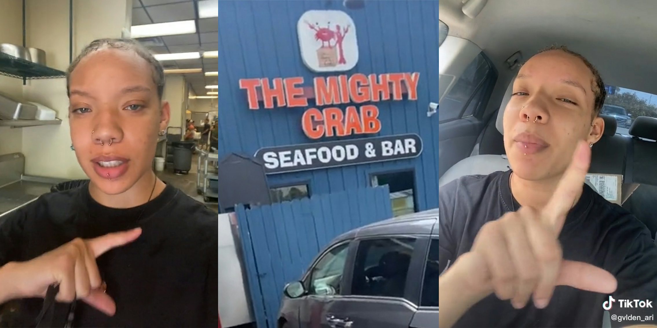 young woman in restaurant (l) 'The Mighty Crab Seafood & Bar' sign (c) young woman in car (r)