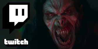 Morbius Jared Leto mouth open Twitch logo white left