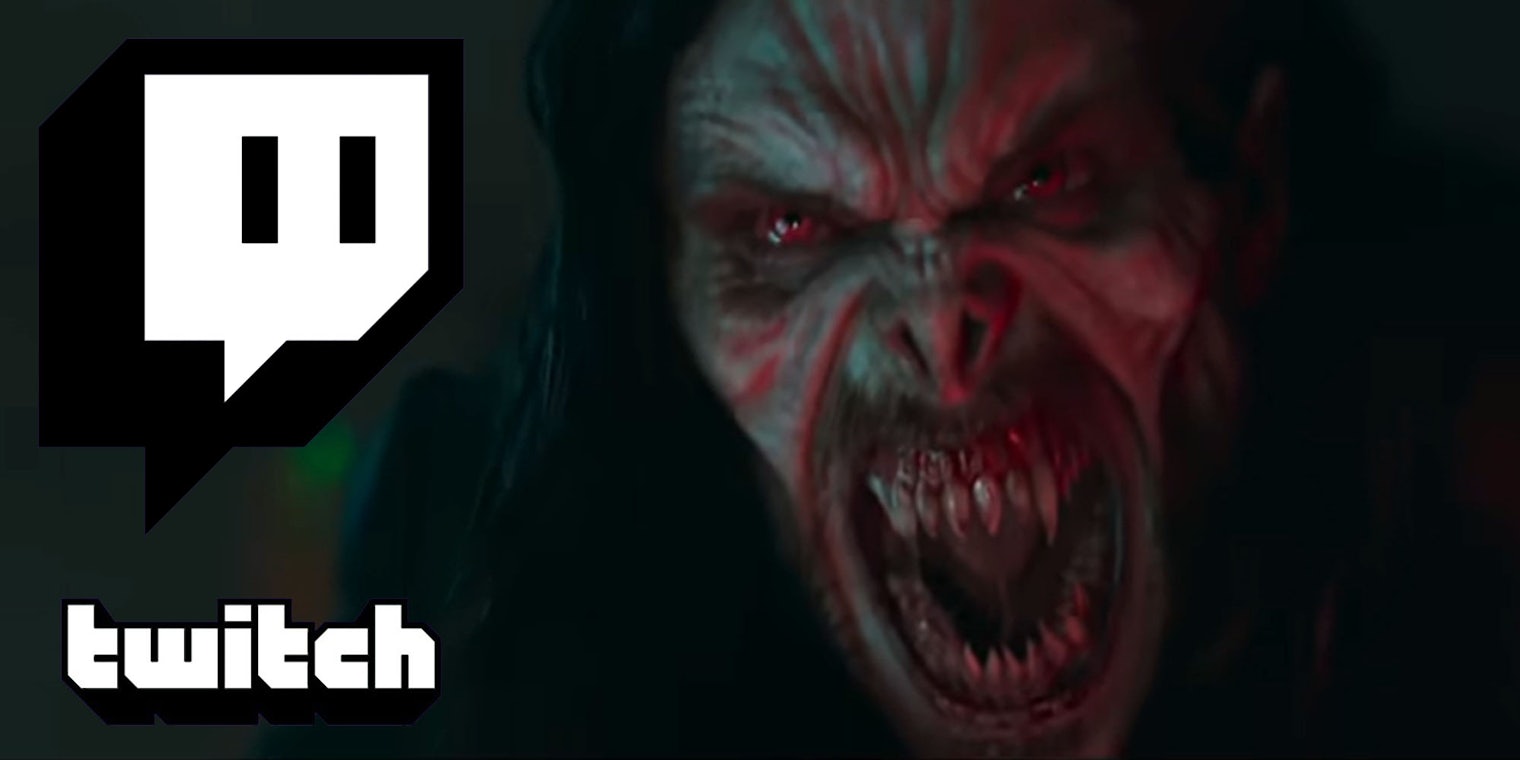 Morbius Jared Leto mouth open Twitch logo white left
