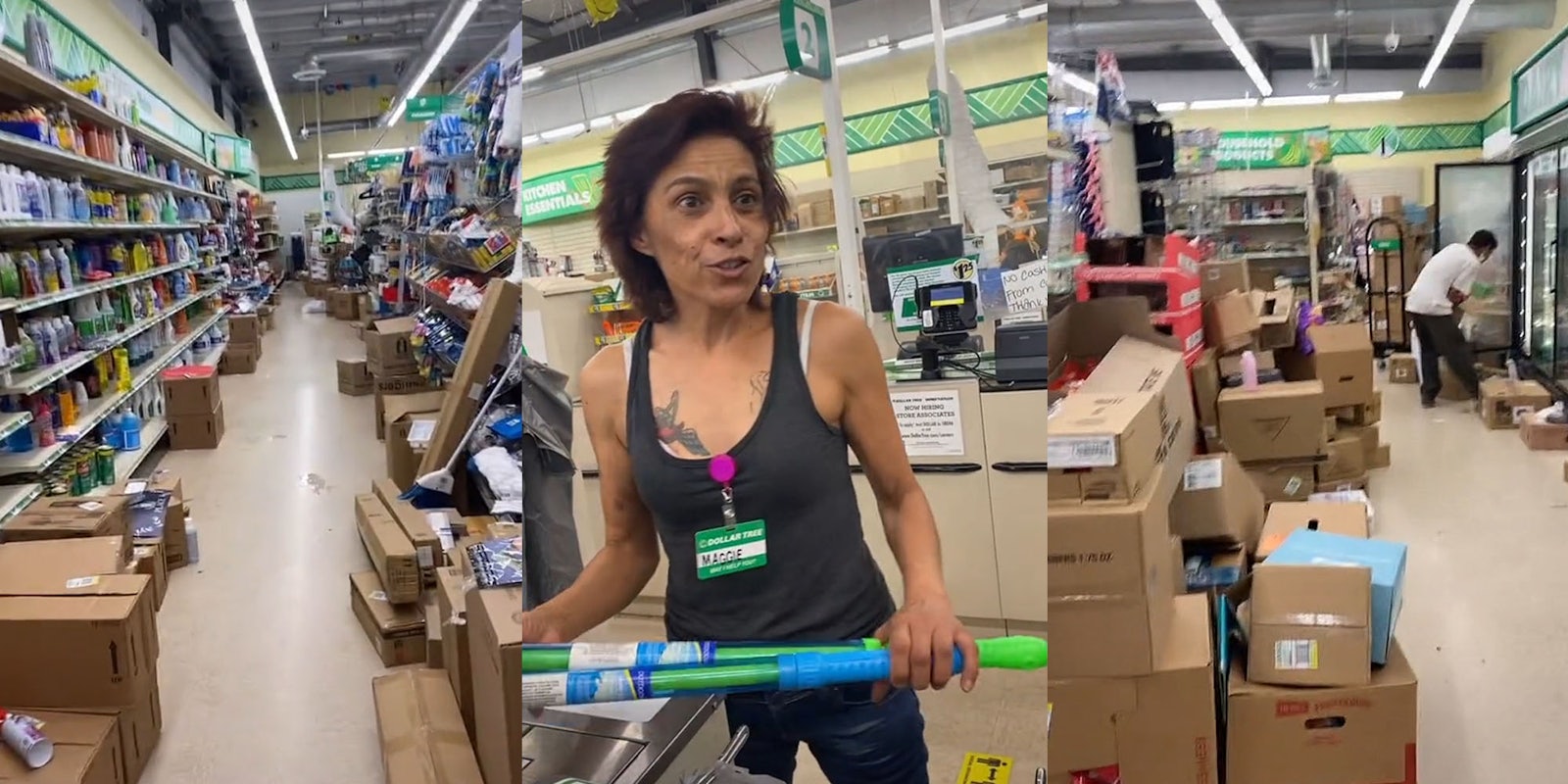 Dollar tree aisle with boxes everywhere and things falling off of shelves (l) dollar tree cashier holding bubble wants talking behind register (c) dollar tree aisle with man shopping in freezer section with boxes surrounding him and other aisles (r)